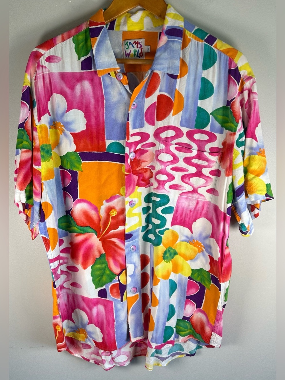 Vintage Jams World Mens Shirt Sz L Floral Print Colorful Hawaiian Aloha 80s 90s